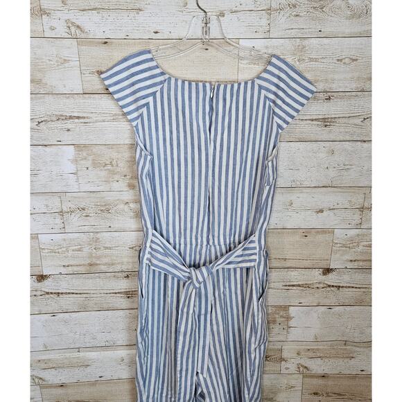 Vince Camuto Linen Jumpsuit Size 10 Striped Cap Sleeve Belted Pockets Beach Blue - Picture 6 of 14